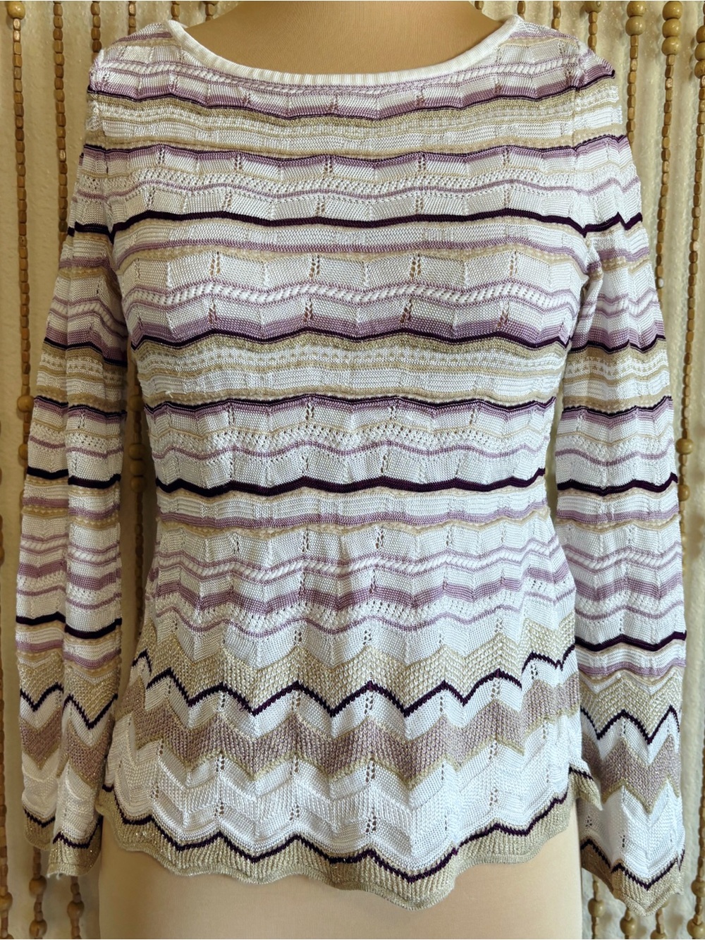 WHBM White Purple Zigzag Striped Knit Y2K Style Long Sleeve Stretchy Blouse Med